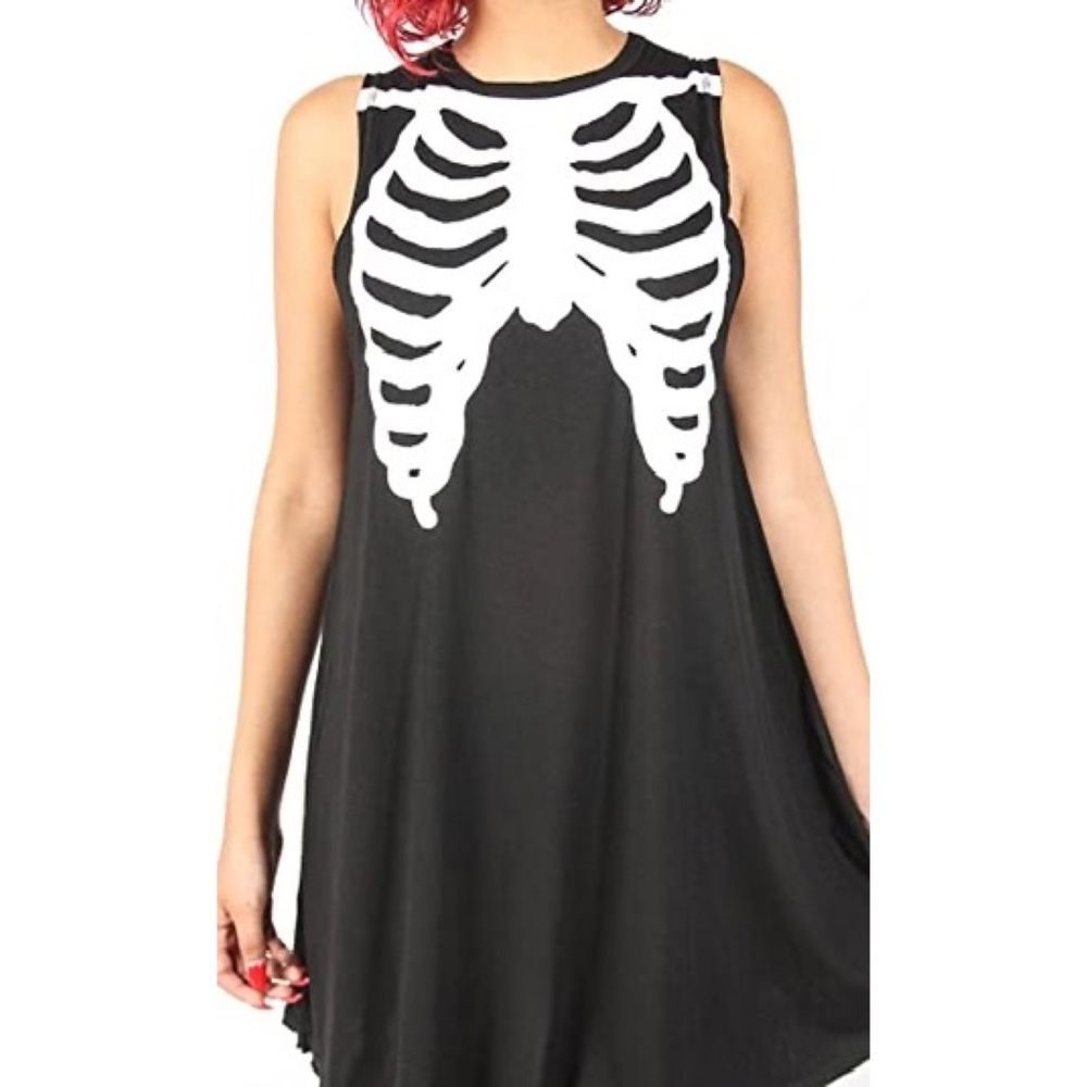 Iron Fist Skeleton Tank Dress Black Bone Print A-Line Gothic Halloween